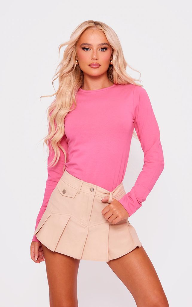 Pink Cotton Blend Long Sleeve Fitted T Shirt, Pink
