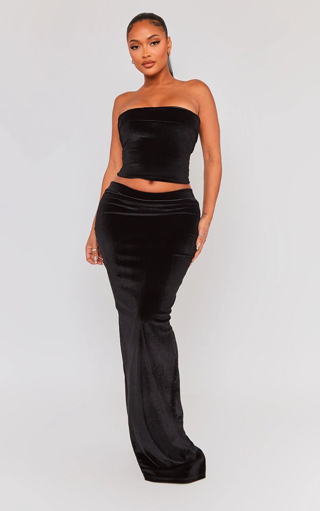 Shape Black Velvet Low Rise Maxi Skirt, Black