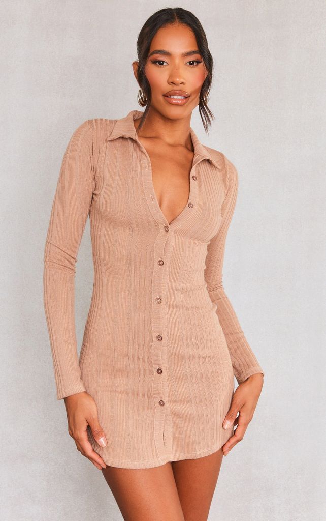 Taupe Ribbed Button Long Sleeve Bodycon Dress, Brown