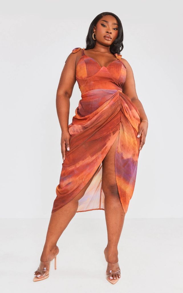 Plus Brown Multi Print Underwire Detail Draped Midi Dress, Brown