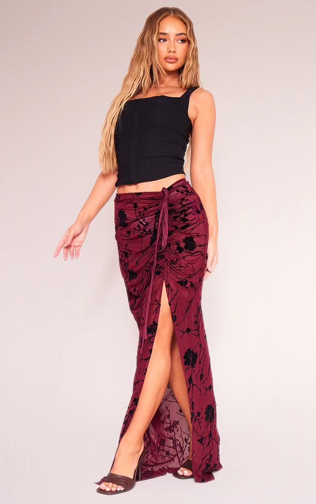 Red Floral Flocked Mesh Ruched Side Maxi Skirt, Red