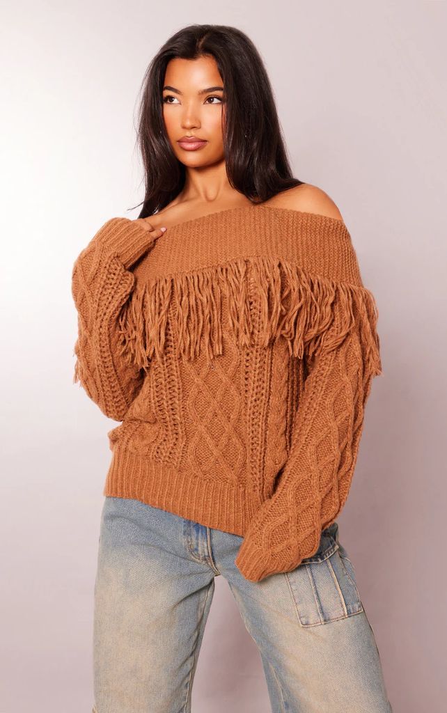 Tan Cable Knit Fringing Detail Fold Over Jumper, Brown