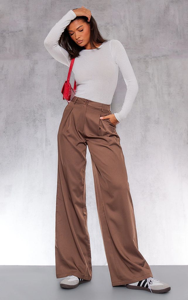 Chocolate Woven Tailored Wide Leg Trousers, Chocolate