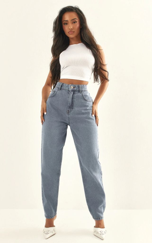 Petite Mid Blue Wash High Rise Mom Jeans, Mid Blue Wash