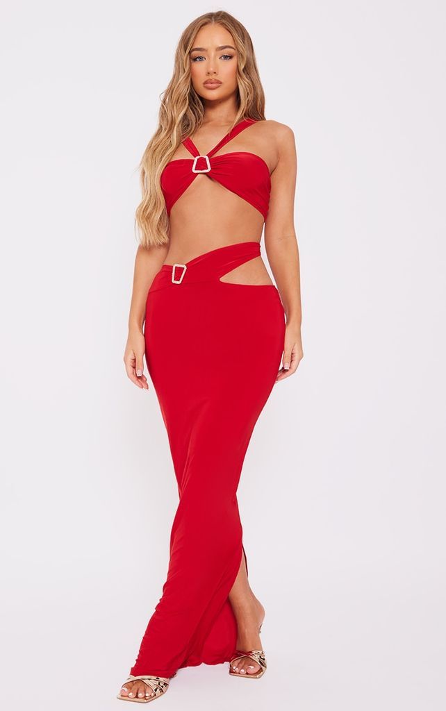 Red Slinky Buckle Detail Cut Out Maxi Dress, Red