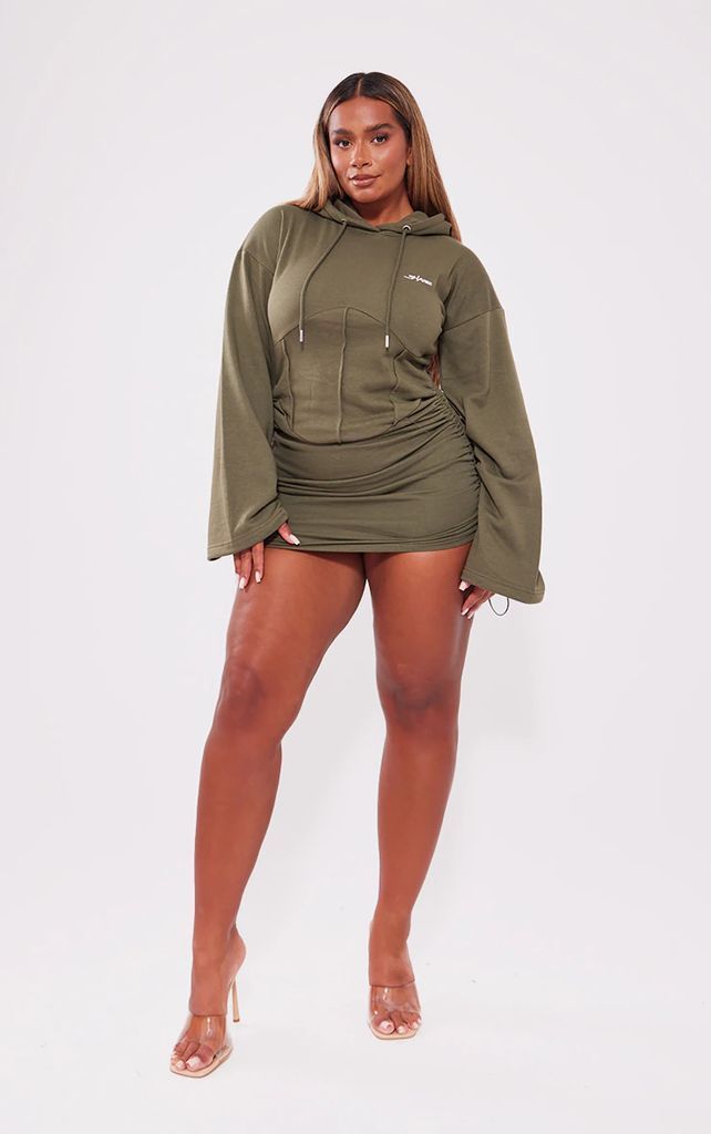 Shape Khaki Branded Corset Detail Hooded Jumper Dress, Green
