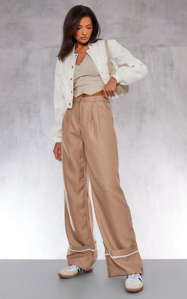 Stone Woven Tailored Pleat Front Turn Up Hem Wide Leg Trousers, White