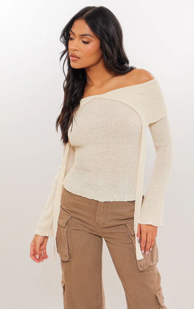 Tall Cream Knitted Long Sleeve Bardot Top, White