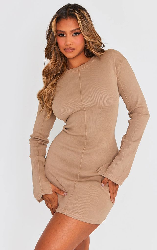 Taupe Ribbed Exposed Seam Long Sleeve Bodycon Dress, Brown