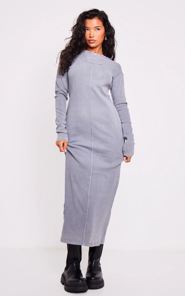 Grey Ribbed Exposed Seam Long Sleeve Maxi Dress, Grey