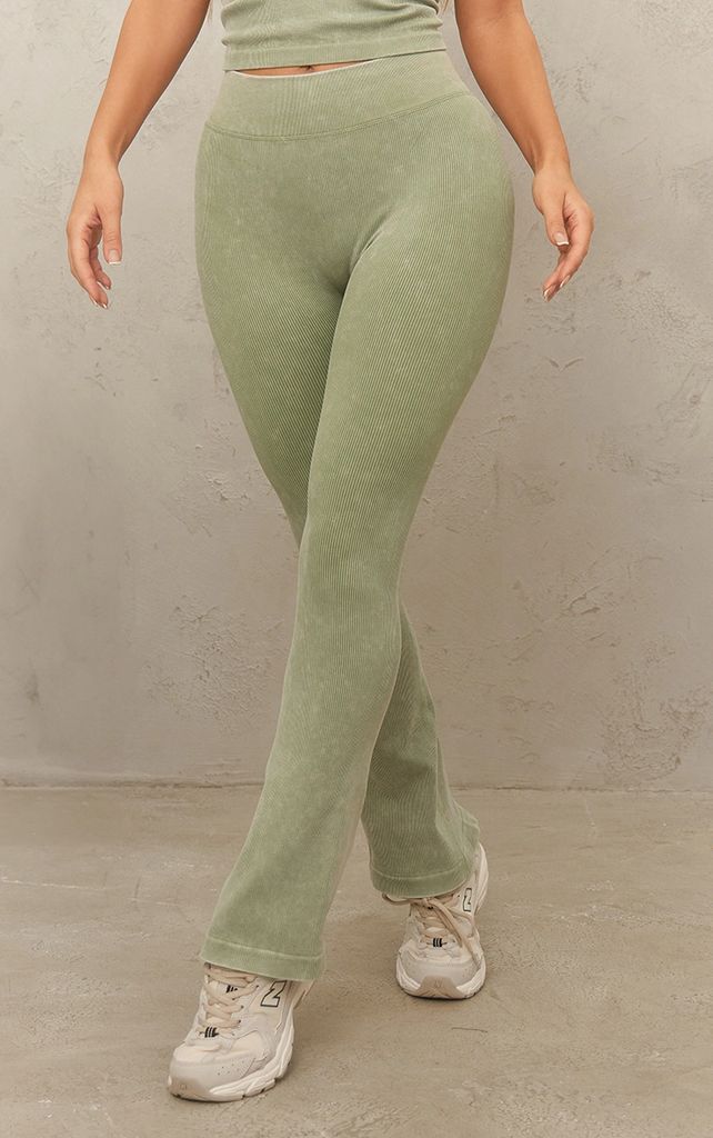 Khaki Acid Wash Seamless Rib Flare Yoga Pants, Green