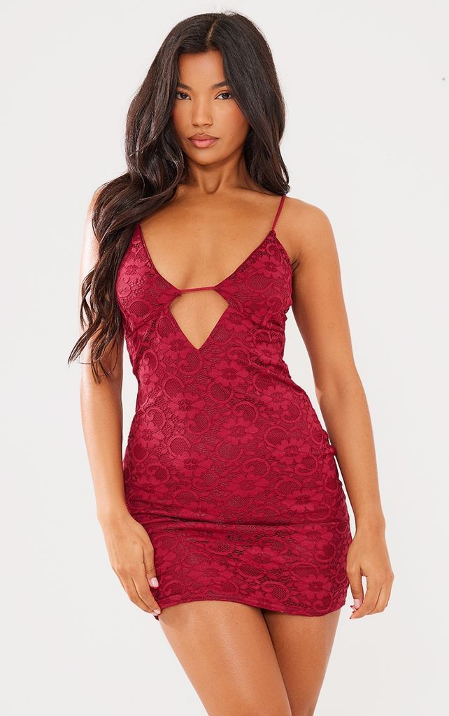Cherry Red Lace Cut Out Front Mini Dress, Cherry Red