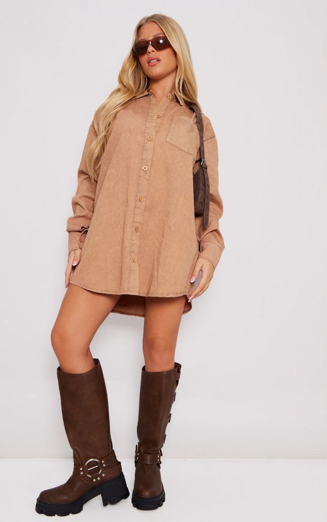 Taupe Twill Button Pocket Long Sleeve Shirt Dress, Brown