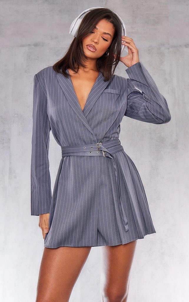 Grey Pinstripe Belted Blazer Dress, Grey