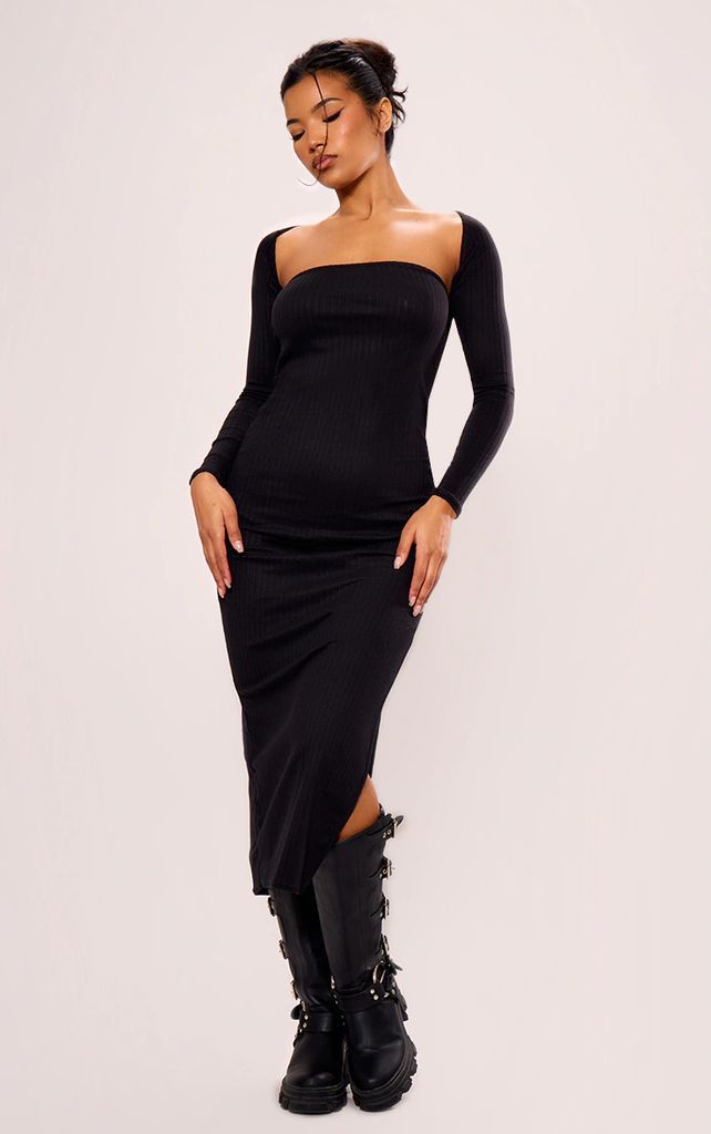 Black Soft Rib Detachable Sleeve Midaxi Dress, Black