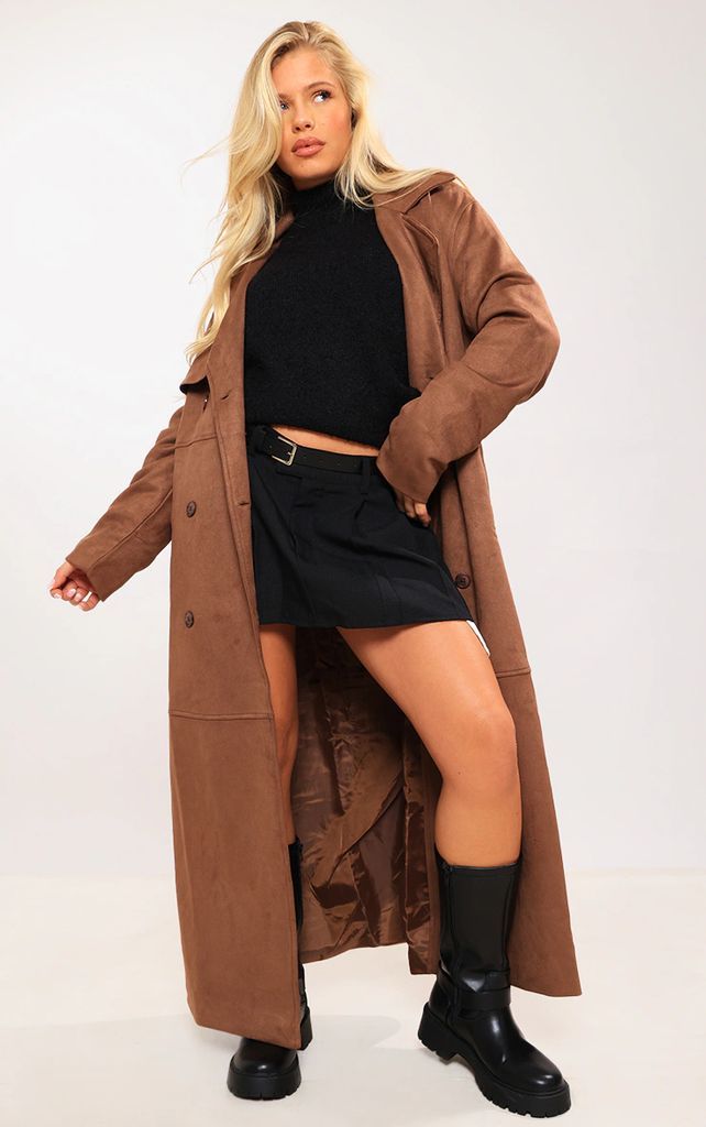Chocolate Faux Suede Panel Detail Trench Coat, Chocolate