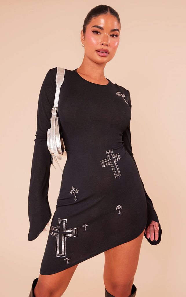 Petite Black Sheer Long Sleeve Cross Dress With Asymmetric Hem, Black