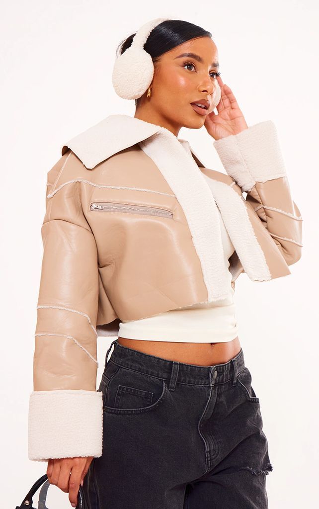 Beige Bonded Borg Lined Faux Leather Cropped Aviator Jacket, Camel