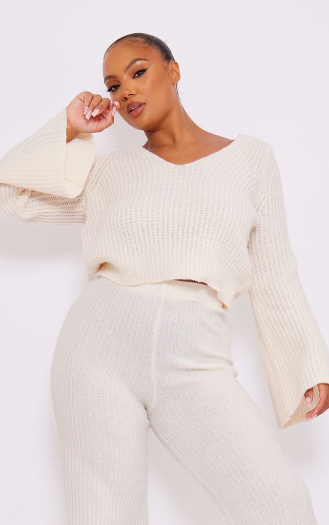 Plus Cream Brushed Knitted Cropped Jumper, White