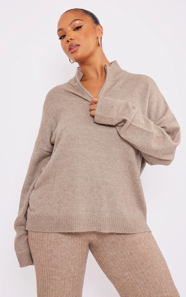 Plus Taupe Knitted Slouchy Half Zip Jumper, Brown