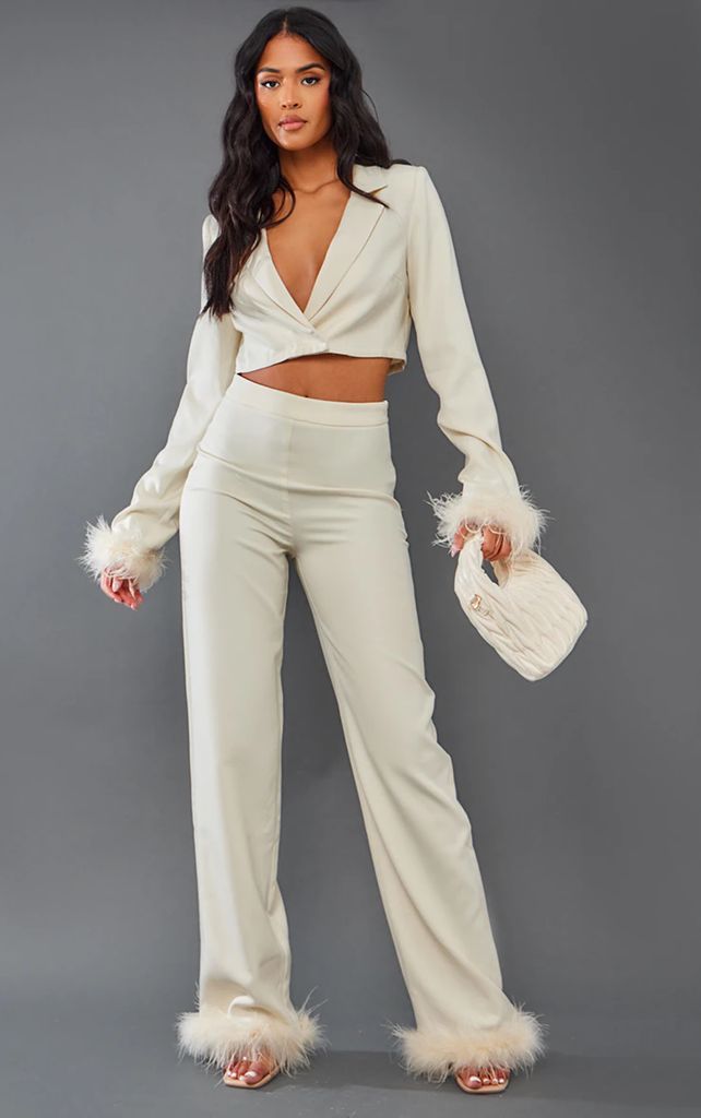 Tall Cream Faux Feather Trim Tailored Trousers, White