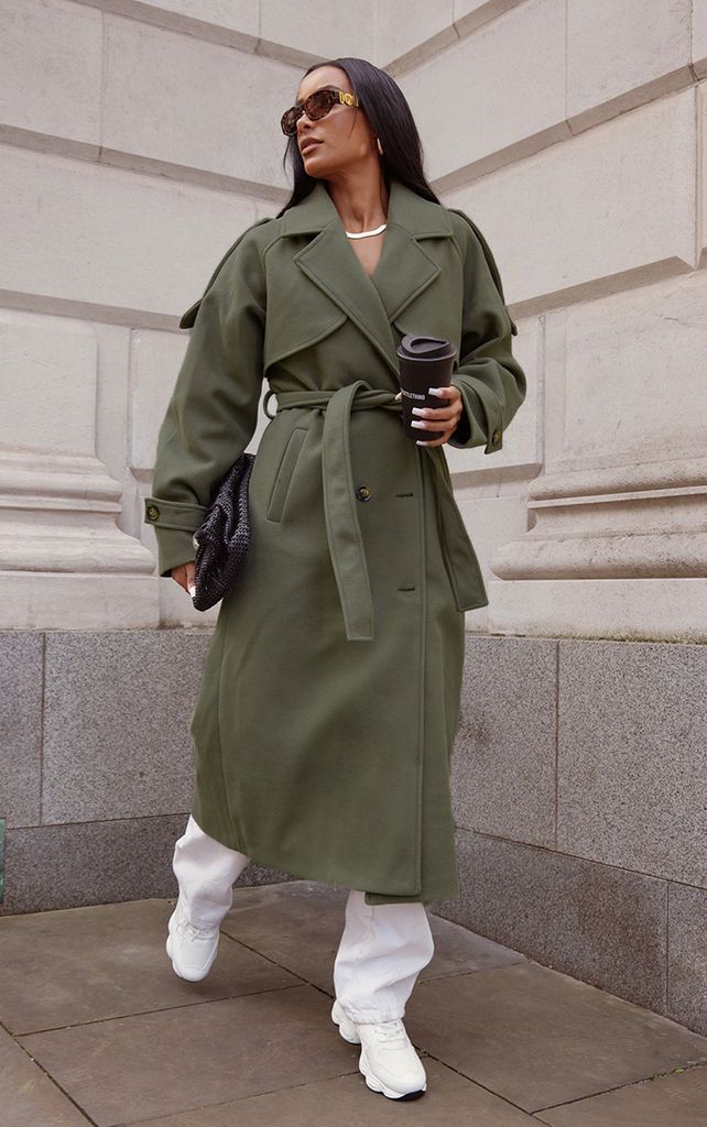 Khaki Wool Look Oversized Double Breasted Military Trim Coat, Green