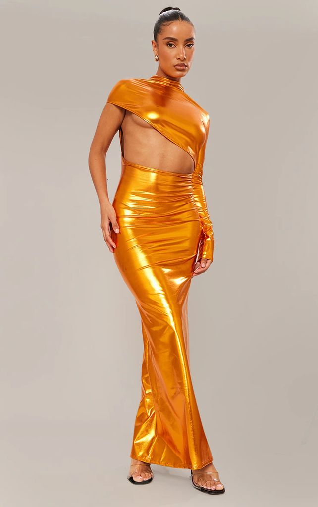 Bronze Long Sleeve On Shoulder Metallic Maxi Dress, Brown