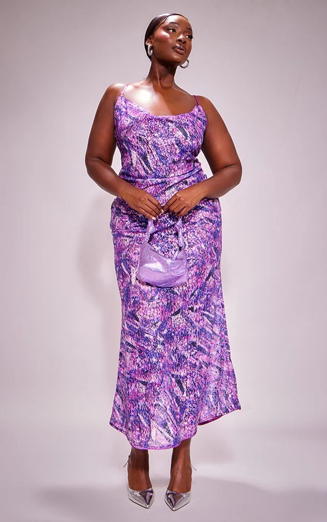 Plus Purple Sequin Floral Cowl Neck Maxi Dress, Purple