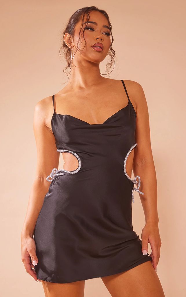 Black Glitter Bow Detail Cut Out Cami Dress, Black