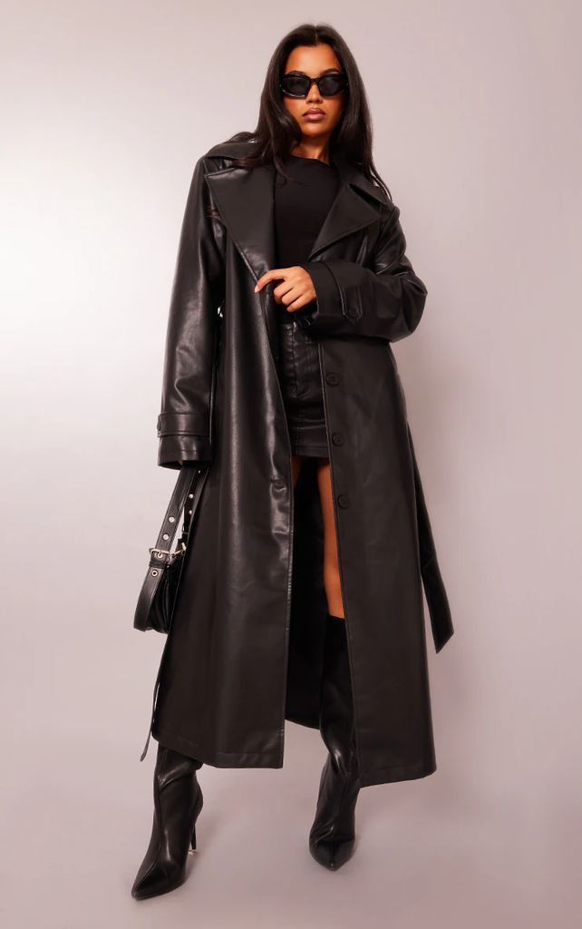 Black Shoulder Padded Belted Faux Leather Trench Coat, Black