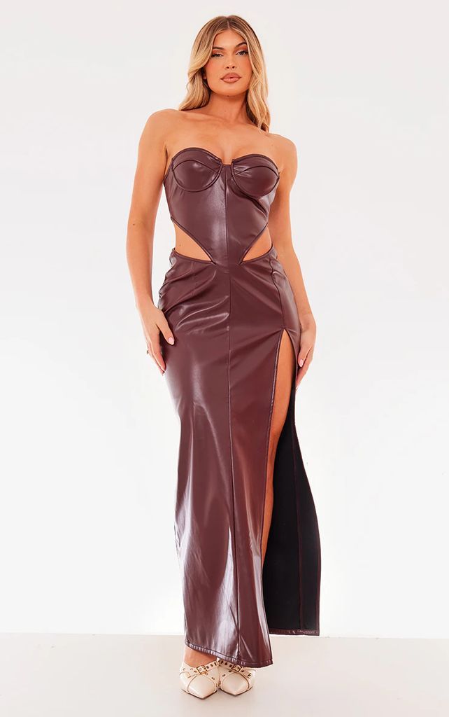 Chocolate Brown Faux Leather Corset Cut Out Bandeau Maxi Dress, Chocolate Brown