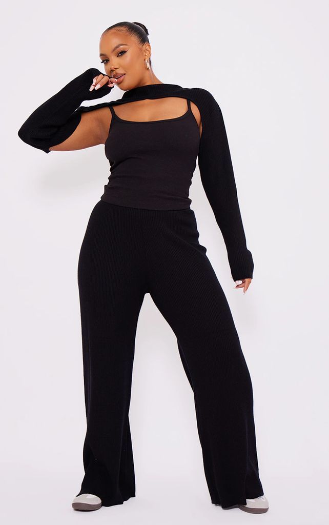 Plus Black Knitted Ribbed Wide Leg Trousers, Black