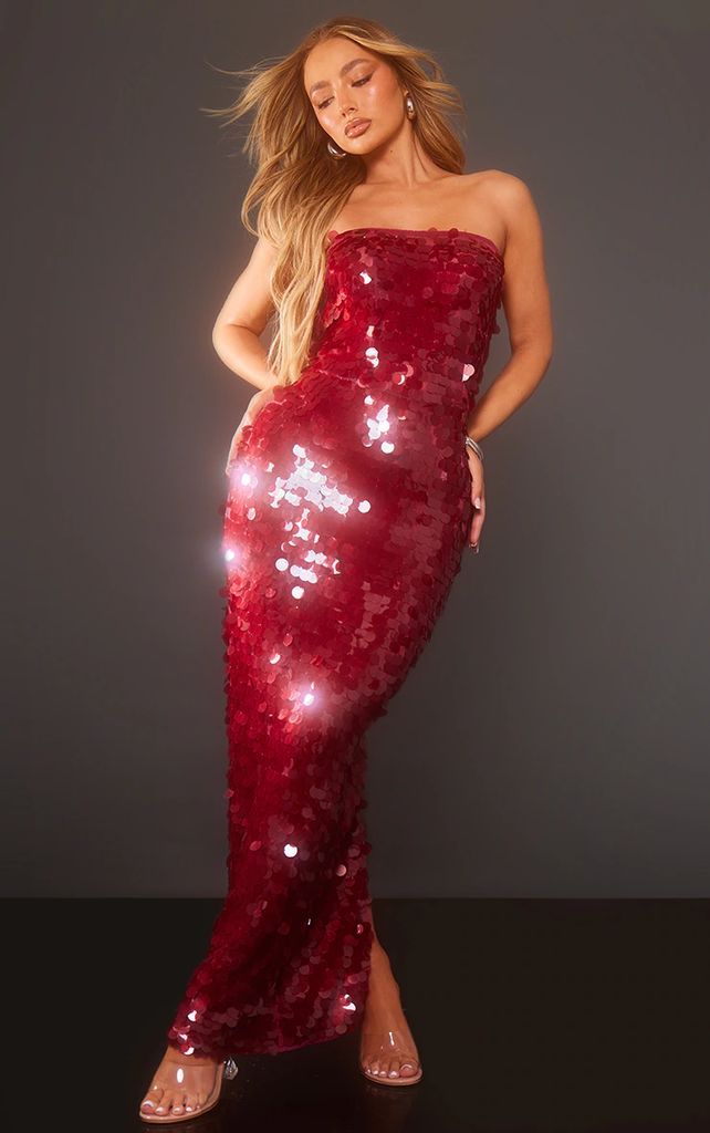 Red Large Sequin Bandeau Maxi Dress, Red