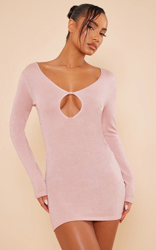 Baby Pink Sheer Glitter Knit Plunge Cut Out Dress, Pink