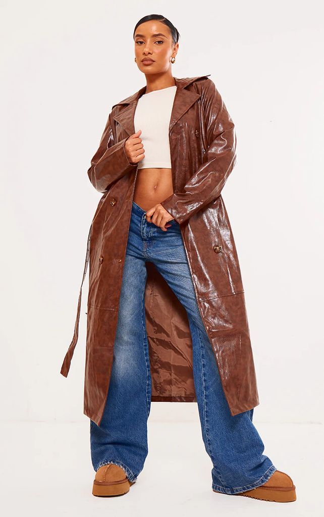 Brown Distressed Faux Leather Double Breasted Trench Coat, Brown