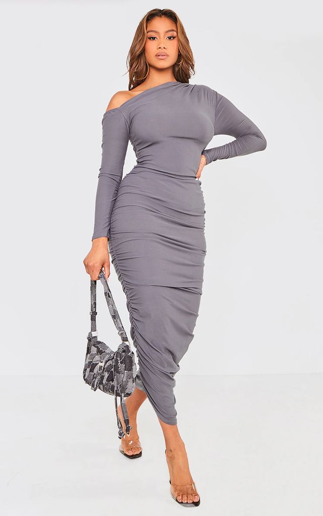 Charcoal Asymmetric Ruched Long Sleeve Midaxi Dress, Grey