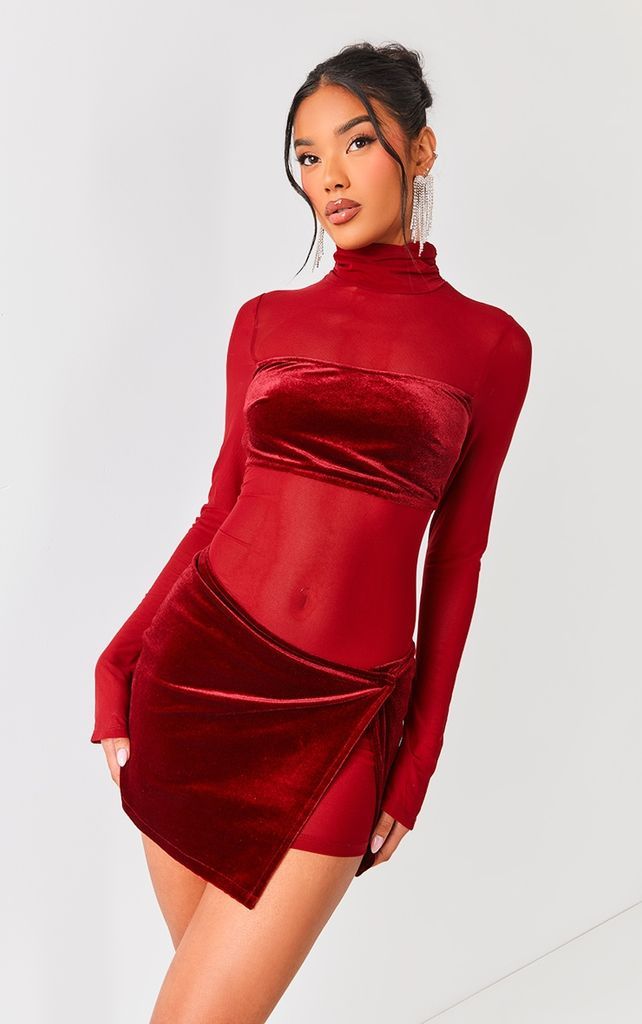 Cherry Red Mesh Velvet Panel Detail Long Sleeve Bodycon Dress, Cherry Red