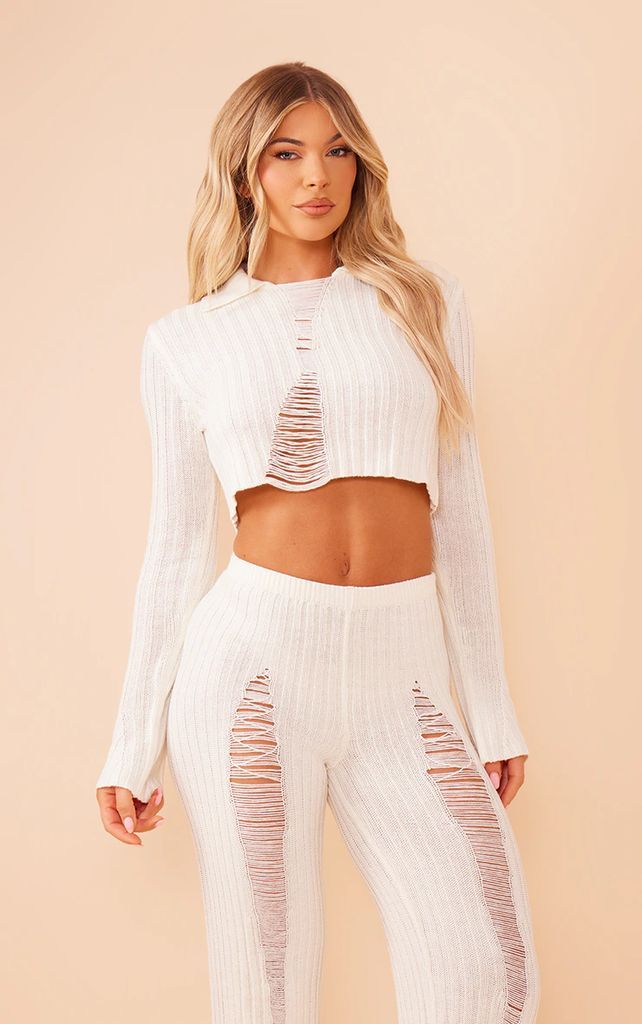 Cream Distressed Long Sleeve Knit Jumper, White