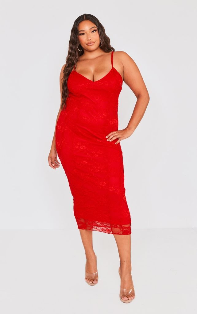 Plus Red Lace Strappy Midi Dress, Red