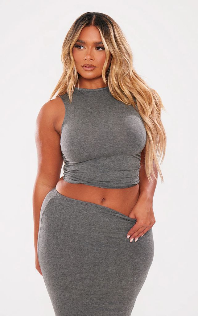 Shape Charcoal Jersey Ruched Side Sleeveless Crop Top, Grey