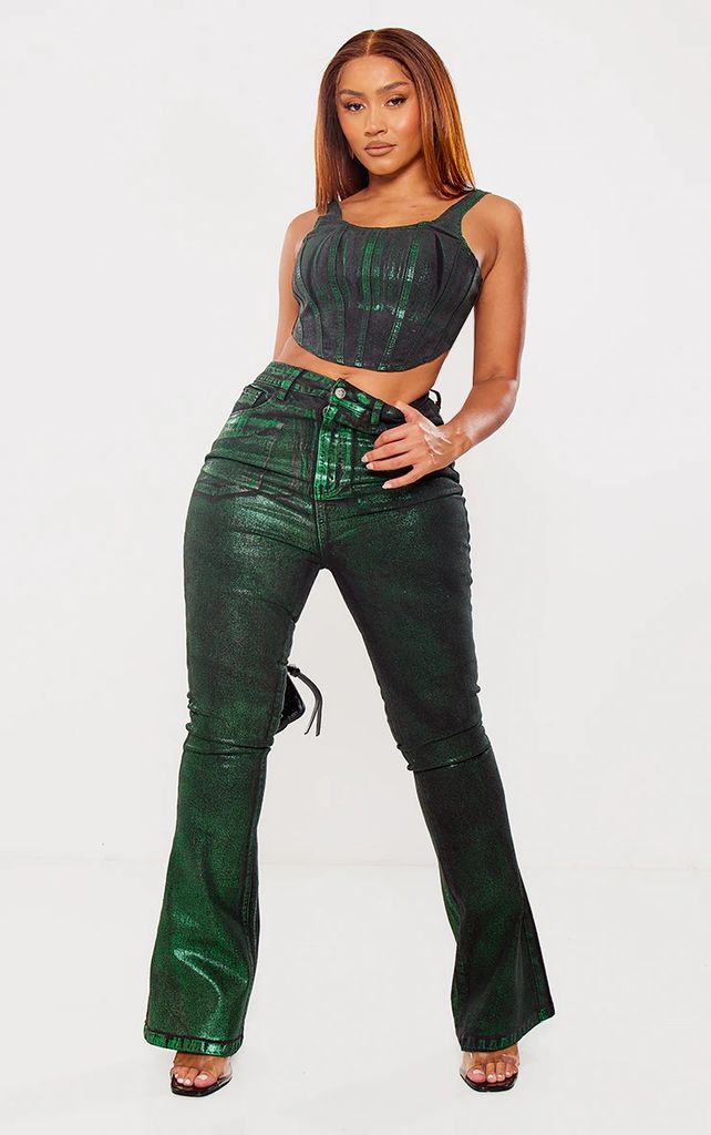 Shape Green Denim Metallic Flare Jeans, Green