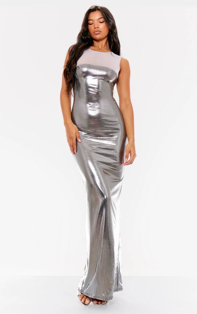 Silver Metallic Slinky Mesh Panel Racer Maxi Dress, Grey