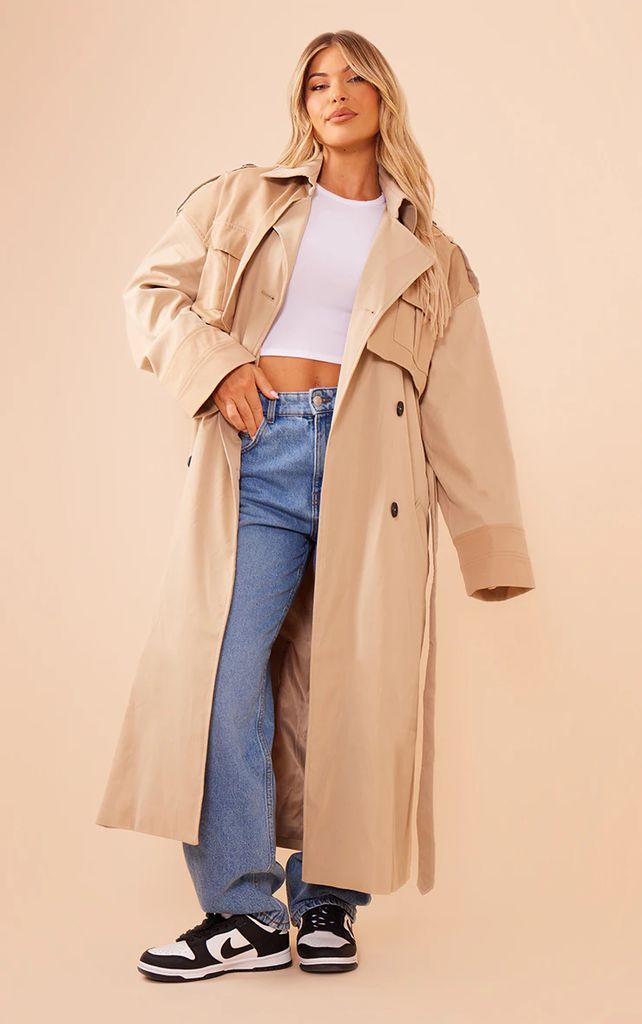 Stone Double Layer Pocket Detail Longline Trench Coat, White