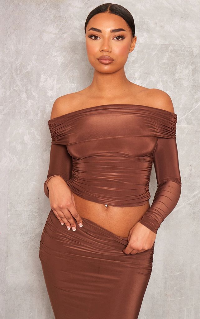 Tall Chocolate Slinky Ruched Detail Bardot Top, Chocolate