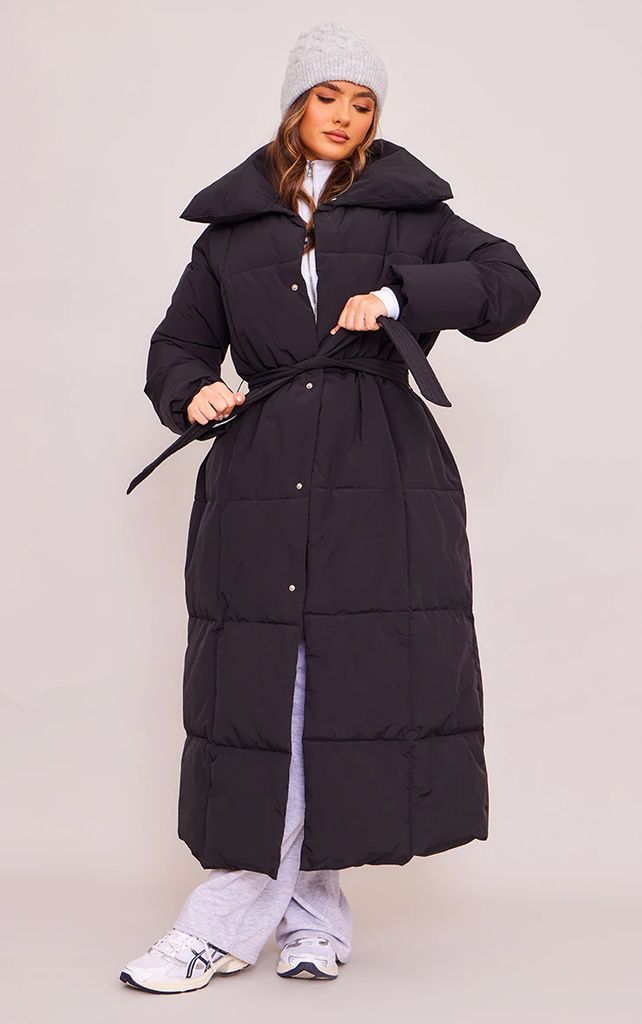 Black Oversized Square Quilted Maxi Puffer Coat, Black