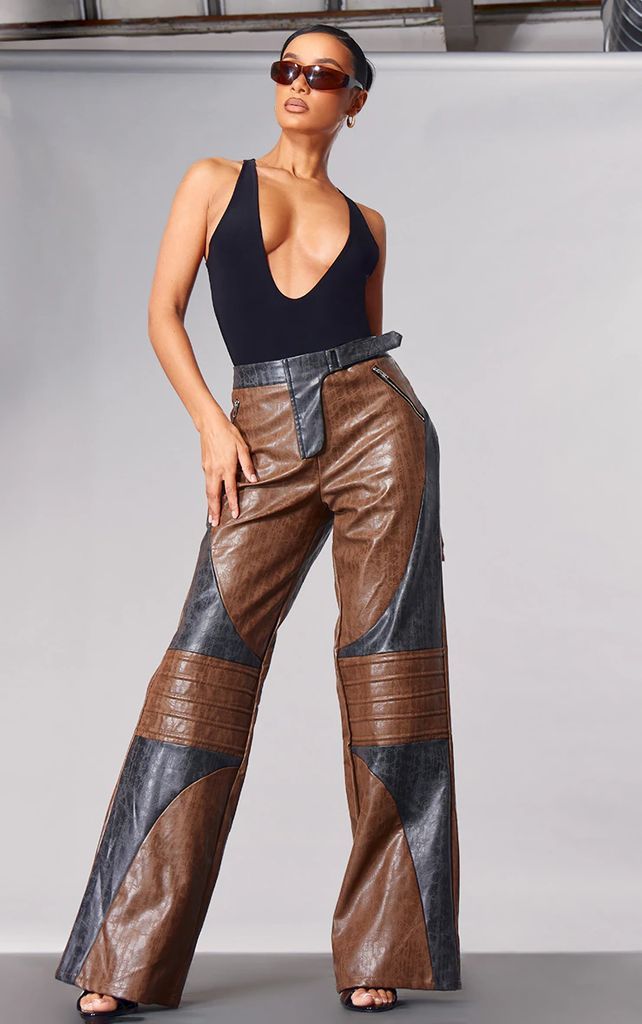 PLT Label Chocolate Biker Detail Faux Leather Trousers, Chocolate
