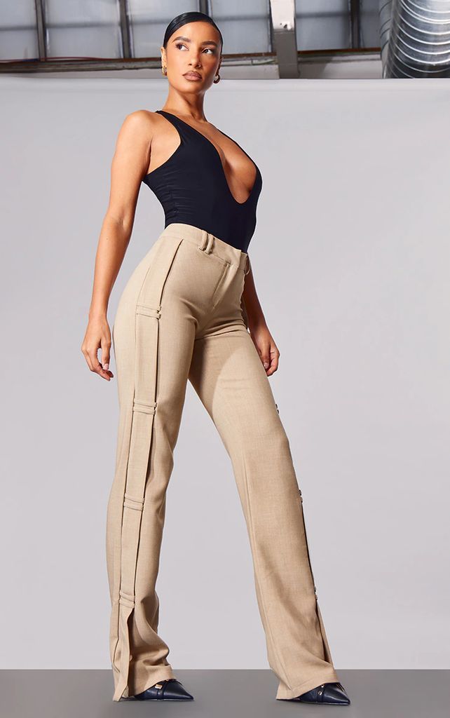 PLT Label Light Taupe Strap Detail Straight Leg Trousers, Brown