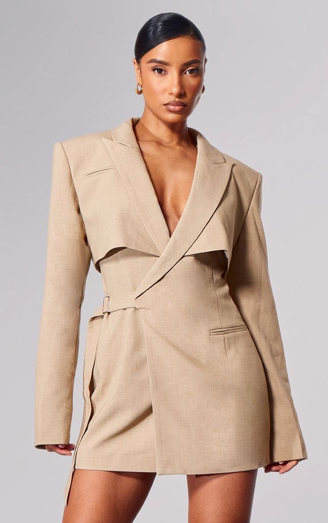 PLT Label Light Taupe Tie Side Detail Blazer Dress, Brown