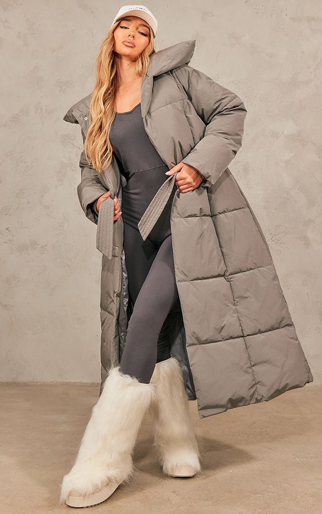 Charcoal Grey Oversized Square Quilted Maxi Puffer Coat, Charcoal Grey