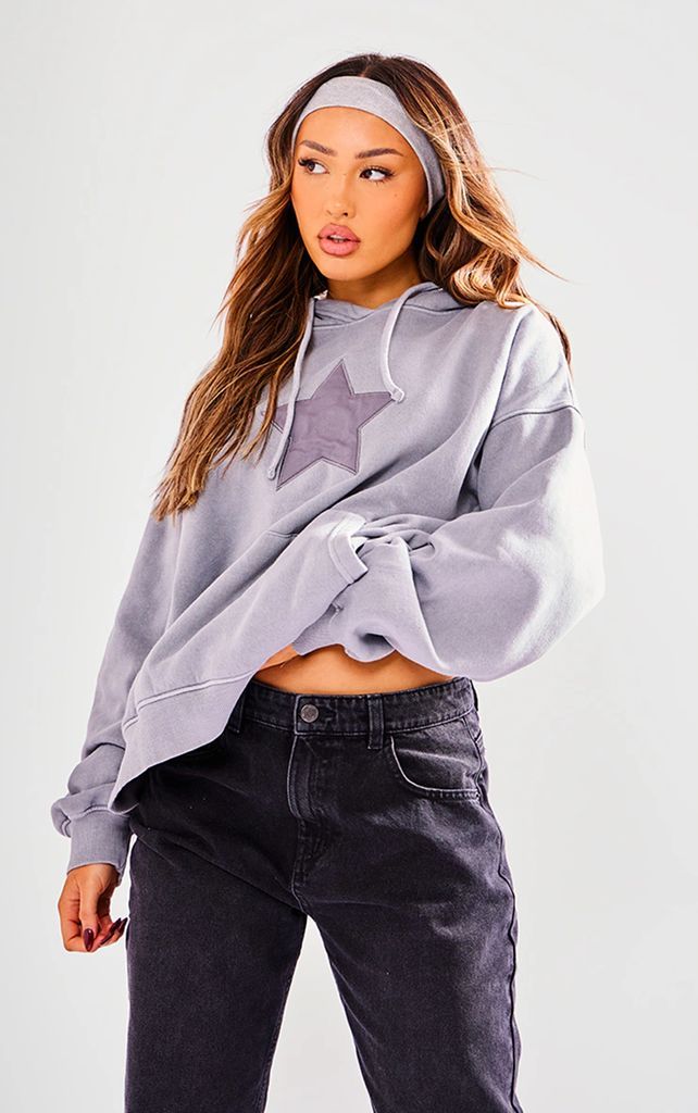 Petite Washed Grey Oversized Embroidered Star Hoodie, Washed Grey
